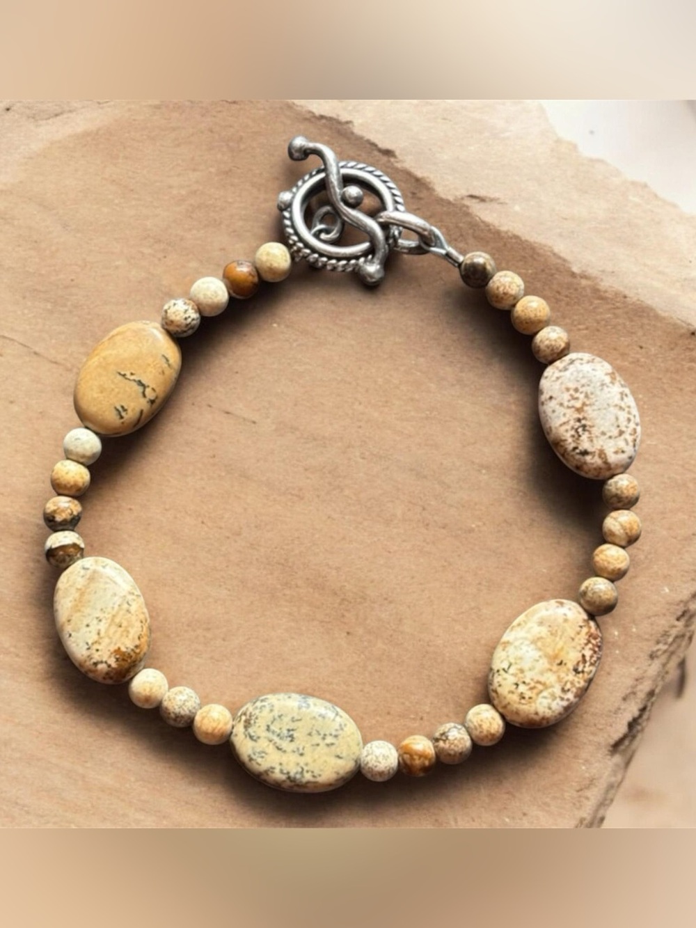 Picture Jasper Bracelet | Size 6 IN | Earth Tone Beaded Toggle